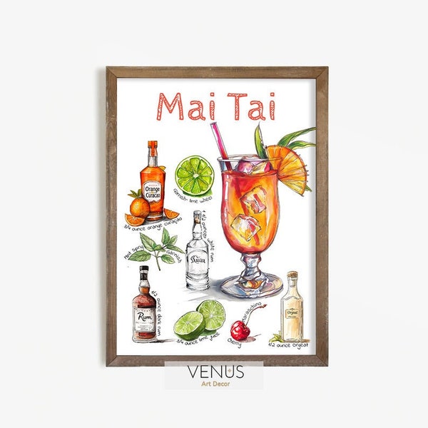 Mai Tai Cocktail Recipe Print, Kitchen Posters, Food & Drink Print, Tropical Cocktail illustration, Home Bar Decor, Hawaiian Tiki Drinks