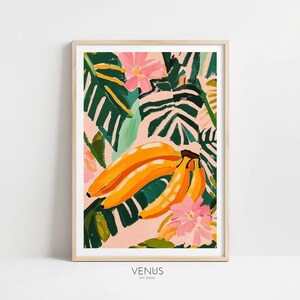 Tropical Banana Wall Art, Colorful Fruit Print, Naive Art Illustration, Banana Leaf Decor, Modern Botanical Kitchen Poster, Fun Fruit Poster