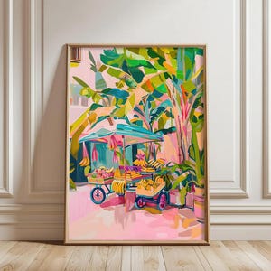 カラフルなトロピカルフルーツマーケットのアートプリント、トロピカルバナナカートのプリント、村のマーケットの壁アート、パステルジャングルの雰囲気のある鮮やかなバナナカート
