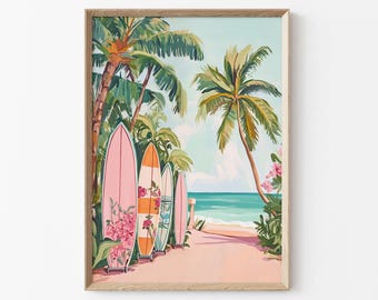 May include: A framed art print depicts a tropical beach scene. Palm trees frame a pathway leading to the ocean. Surfboards in shades of pink, orange, and blue lean against a wall. The artwork features a light blue sky and turquoise water.