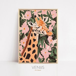 Tropical Giraffe wall art, Botanical prints, Tropical safari art, African animal print, Colorful giraffe decor, dopamine decor, jungle boho