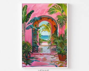 Pink Boho Art Print, Beach House Wall Decor, Tropical Palm Art, Summer Wall Art, Vacation Vibe Print, Maximalist Art, Dopamine Decor