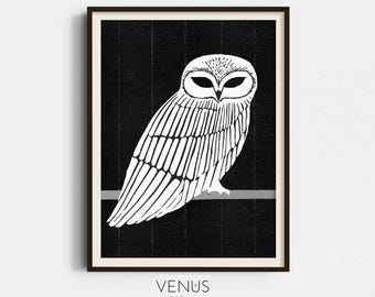 Barn Owl Print – Minimalist Black White Line Art Owl Poster | Modern Scandi Animal Wall Art, Boho Owl Decor, Owl Lover Gift, Gothic Owl Art