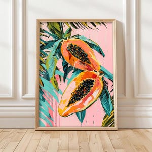 Tropische Papaya Kunstdruck, exotische Früchte Poster, lebendige Küchenwanddekoration, Sommerfrüchte Druck, Lebensmittel Kunstdruck, rosa botanische Früchte Kunst
