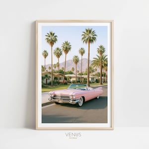 Art mural voiture rose, impression voiture rose vintage, art rétro de Palm Springs, décoration moderne du milieu du siècle, affiche ambiance estivale rétro, art voiture rose