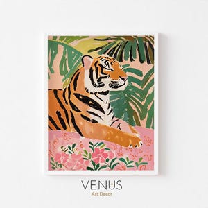 Tiger art print, Tropical Jungle Wall Decor, Botanical Prints, Colorful Tiger Art, Jungle Animal Decor, Eclectic Animal Art, Tiger Prints