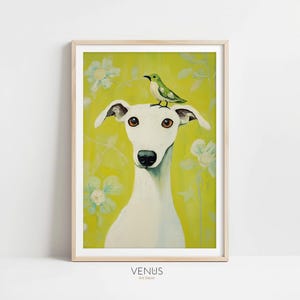 White Greyhound and Bird Art Print, Whimsical Sighthound Portrait, Floral Green Wall Decor, Playful Dog Painting, Funny Cute Dog Artwork