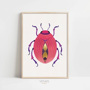 Beetle Wall Art, Botanical Insect Print, Pink and Gold Bug decor, Botanical illustration, Insect art, Colorful Bug Art print, modern bug art
