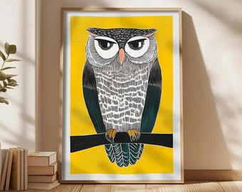 Yellow Owl Art Print, Modern Woodland Wall Decor, Vibrant Animal Illustration, Cute Owl art, Linocut Owl print, Colorful Modern Owl poster