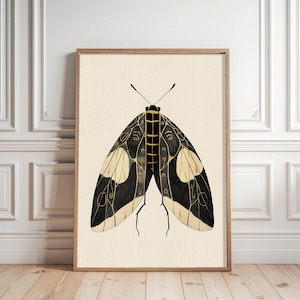 Elegant Black and Gold Moth Art Print, Modern Insect Wall Decor, Minimalist Nature Illustration, Boho Home Decor, Butterfly art, Bug print