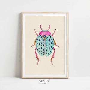Blue And Pink Beetle Art Print, Whimsical Insect Illustration, Watercolor Bug Wall Decor, Nature-Inspired Artwork, Entomology Home Decor