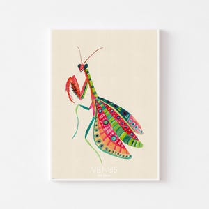 Decoração com Louva-a-Deus, Arte Colorida de Insetos, Ilustração Botânica, Impressões de Insetos (Download Digital)