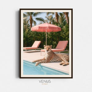 Cheetah Poolside Art Print, Palm Springs Luxury Wall Decor, Tropical Retro Summer Vibes, Leopard Animal Poster, Exotic Cheetah Wall Art