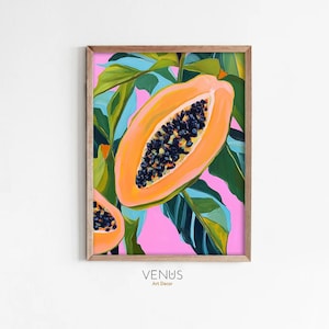 Papaya Wall Art, Tropical Fruit Print, Colorful Kitchen Decor, Naive Art Illustration, Papaya Print Poster, Modern Botanical Wall Art