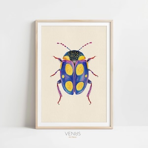 Blue And Yellow Beetle Art Print, Vibrant Insect Illustration, Watercolor Bug Wall Decor, Nature-Inspired Artwork, Entomology Art For Home