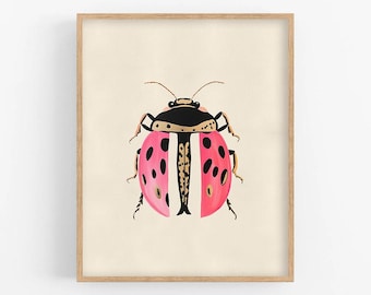 Ladybug art print, Pink and Gold Bug Illustration, Bug Prints, Botanical illustration, Insects & Bugs, colorful insect art, Entomology Art