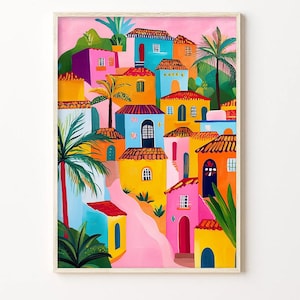Mexican Village wall art, colorful mexican art, Mexico Poster, Vibrant Mexican houses, Old Mexican Architecture, Mexico landscape Print