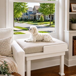 Peut inclure: Un banc pour animal de compagnie en bois blanc avec un coussin beige rembourré, doté d'une rambarde latérale basse et de quatre pieds robustes. Un petit chien blanc au pelage duveteux est allongé sur le coussin devant une grande fenêtre.