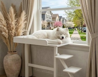 Window Perch for Dogs with Stairs — No-Drill, Easy Install,Handmade in Canada