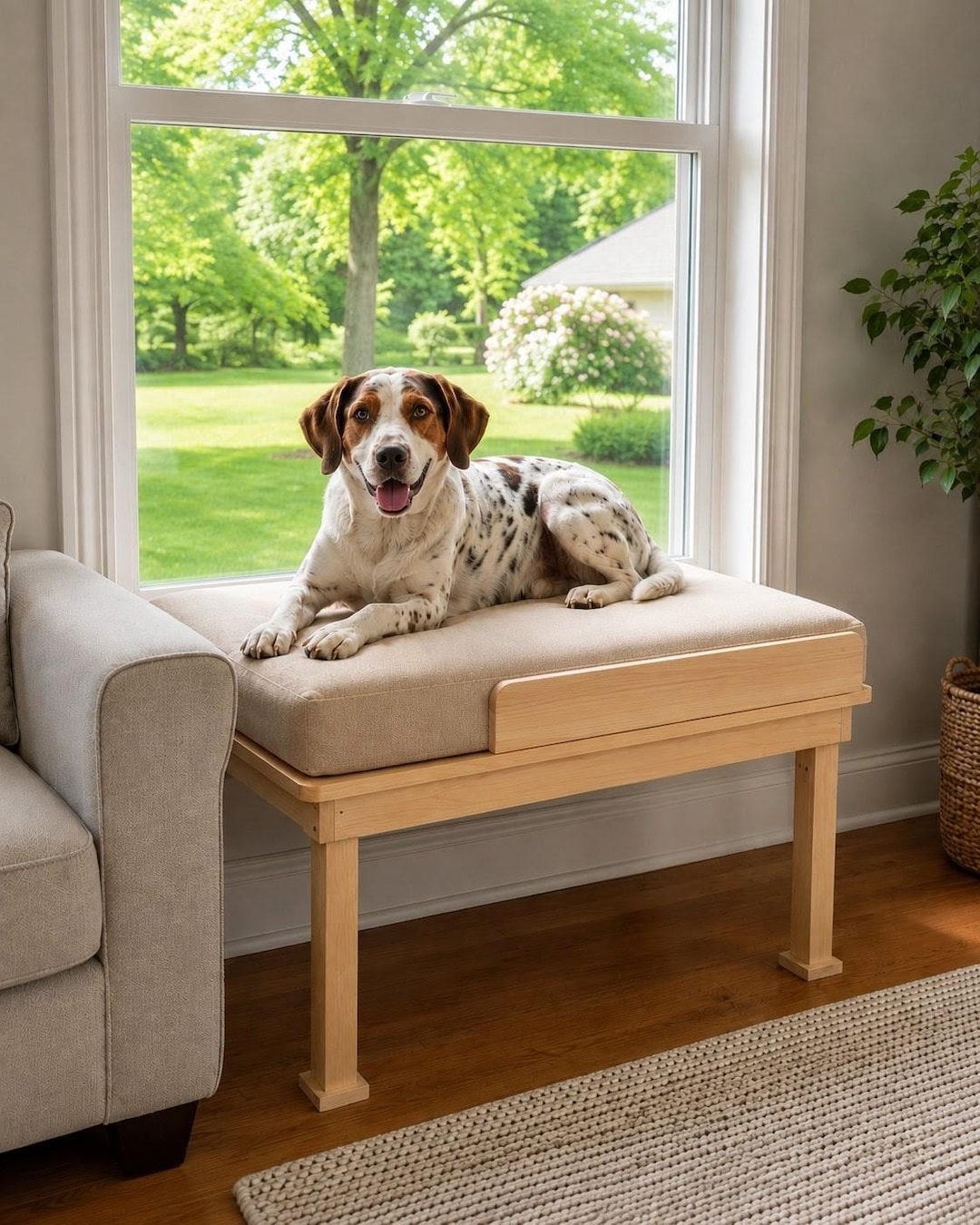 Dog Window Perch | Elevated Dog Bed | Custom Natural Wood Pet