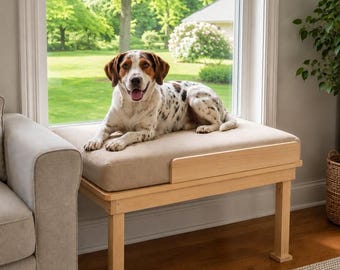 Dog Window Perch | Elevated dog bed | Custom Natural Wood Pet Windowsill Bed | Handmade in Canada