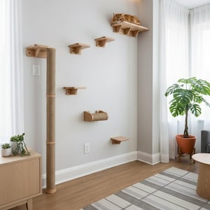 May include: A ginger cat rests on a wooden wall-mounted cat shelf. The cat furniture includes multiple shelves, a scratching post, and a cat bed. The cat tree is made of light-coloured wood and is mounted on a white wall.