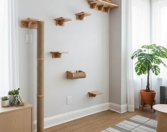 Cat Wall Furniture Set with Scratching Post, Wall Mounted Cat Tree,Wood Cat Shelves & Bed, Large Cat Wall Playground, Handmade in Canada