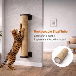 Cat Tree Tower with Replaceable Sisal Tubes, Wall Mounted Cat Scratching Post, Natural Wood Cat Furniturer