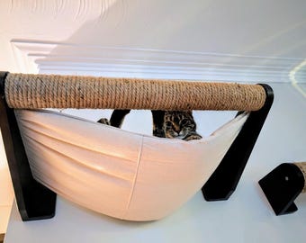 Cat Hammock Cat wall furniture Natural Wood Cat Wall Bed with Cotton Fabric