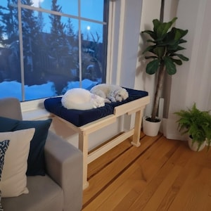 May include: A wooden pet bench with a navy blue cushion. Two sleeping pets rest on the bench near a window. The bench has a light wood frame and is placed in a room with a plant and a sofa.