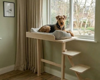 Dog Window Perch with Stairs Scandinavian Wooden Dog Window Seat , No-Drill, Easy Install, Handmade in Canada
