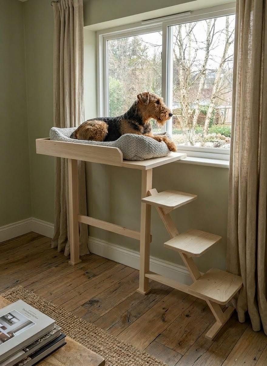 QYマステ11月新作wooden window PET Dog Window Perch With Stairs Scandinavian Wooden Dog Window Seat
