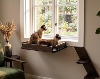 Cat Window Perch Wall-Mounted Cat Bed Shelf, Handmade with Optional Steps cats.