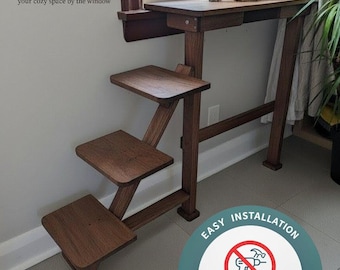 Window Perch for Dogs with Stairs — No-Drill, Easy Install,Handmade in Canada