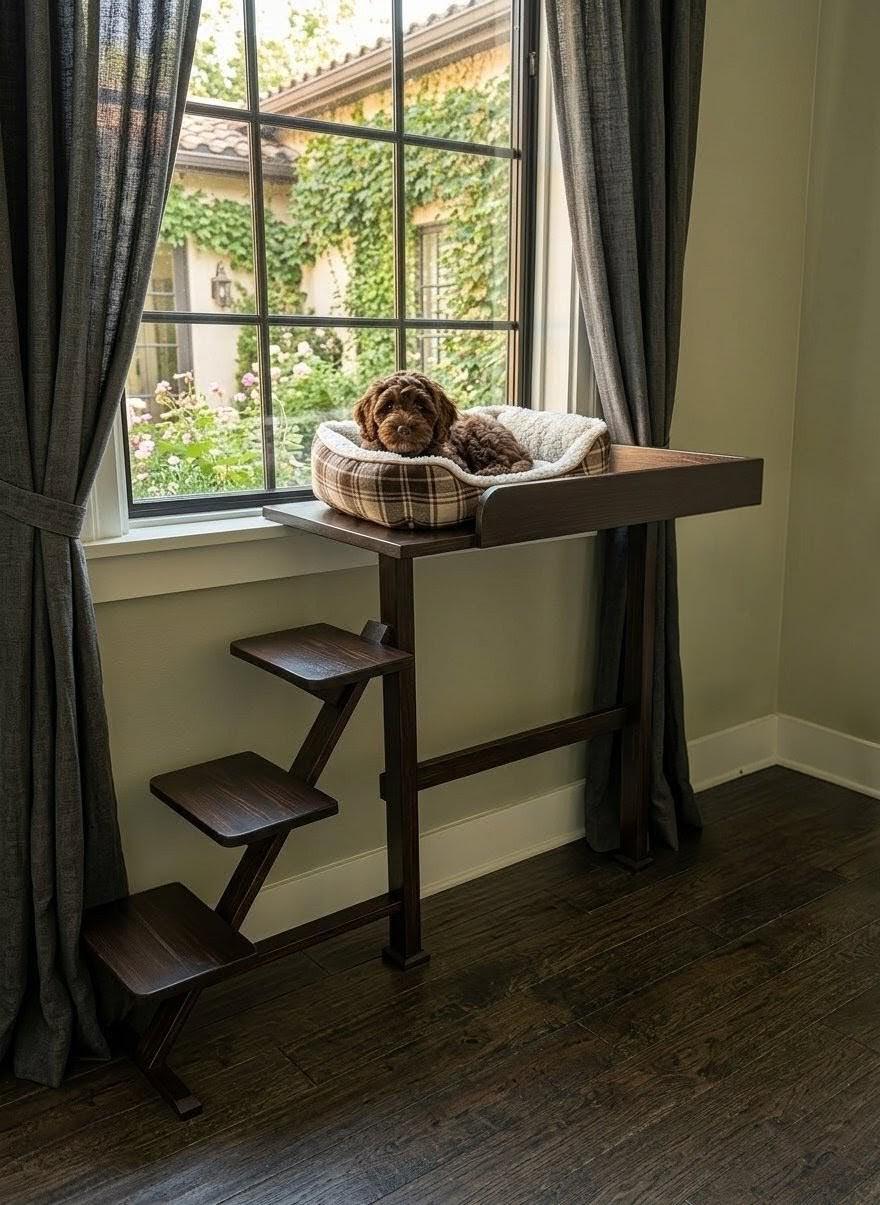 QYマステ11月新作wooden window PET Dog Window Perch With Stairs Scandinavian Wooden Dog Window Seat