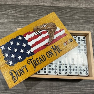 Don’t Tread on Me laser engraved & hand painted Domino Box with dominoes *Made in the USA*