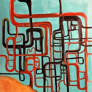 Puede incluir: Pintura abstracta con fondo turquesa y una red de líneas rojas y negras. Las líneas son gruesas y crean un patrón complejo.