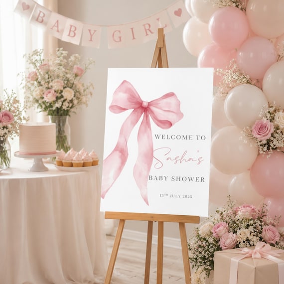 Personalised Baby Shower Welcome Sign, Pink Bow Welcome Sign, Pink Bow Baby Shower, Baby Girl, Baby Girl Baby Shower, Baby Shower Deco