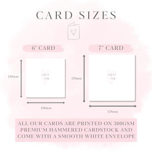 May include: A size guide for greeting cards showing a 6-inch card measuring 148mm by 148mm and a 7-inch card measuring 178mm by 178mm. The text states all cards are printed on 300gsm premium hammered cardstock and include a smooth white envelope.