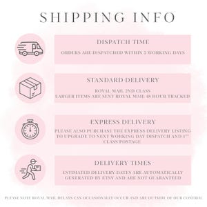 May include: A light pink informational graphic titled SHIPPING INFO. It features four circular icons: a delivery truck, a cardboard box, a clock, and a person carrying a package. Text details dispatch times, standard delivery, express delivery, and delivery times.