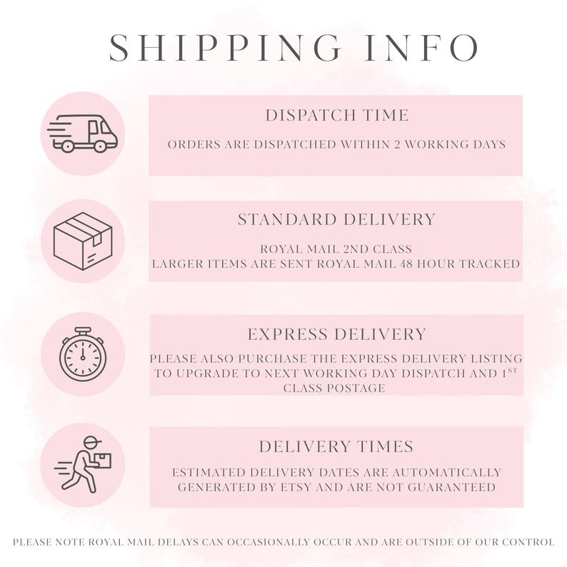 May include: A light pink informational graphic titled SHIPPING INFO. It features four circular icons: a delivery truck, a cardboard box, a clock, and a person carrying a package. Text details dispatch times, standard delivery, express delivery, and delivery times.