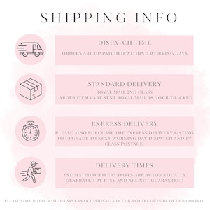 May include: A light pink informational graphic titled SHIPPING INFO. It features four circular icons representing a delivery truck, a package, a clock, and a person carrying a box, each paired with text detailing dispatch and delivery policies.