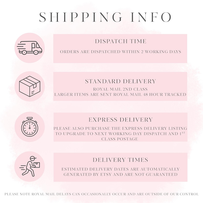 May include: A light pink informational graphic titled SHIPPING INFO. It features four circular icons representing a delivery truck, a package, a clock, and a person carrying a box, each paired with text detailing dispatch and delivery policies.
