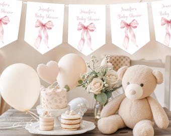 Baby Shower Bunting, Baby Shower Garland, Baby Shower Deco, Pink Baby Shower, Pink Bow, Oh Baby, Personalised Bunting, New Baby Girl