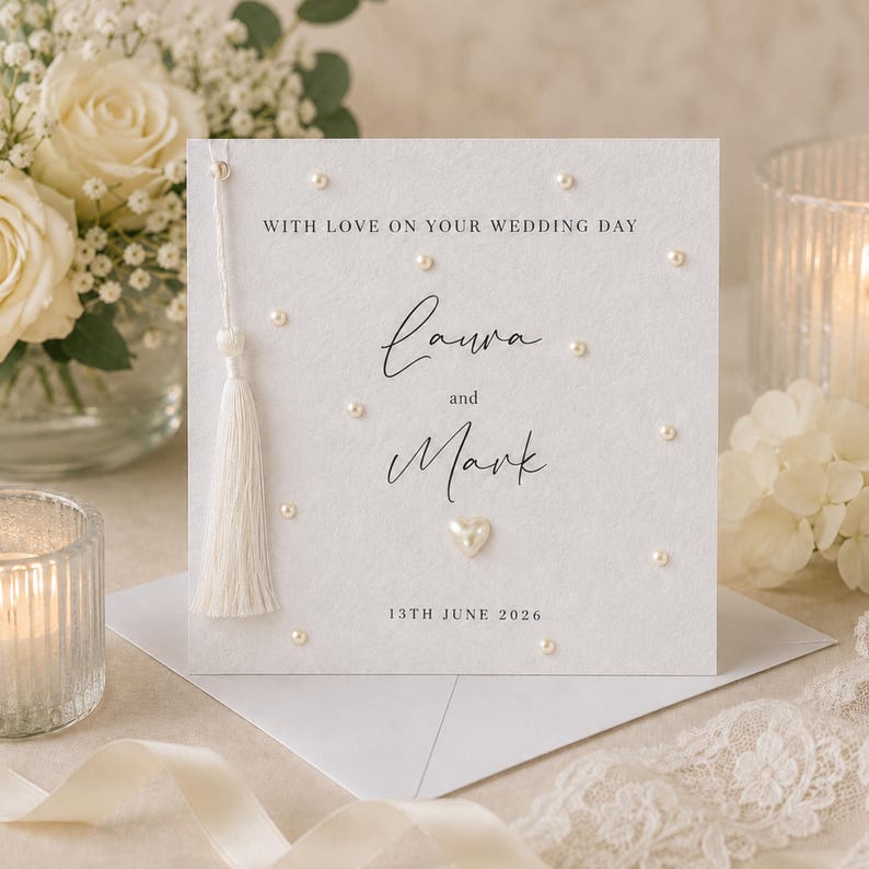 May include: A square white wedding card featuring the text WITH LOVE ON YOUR WEDDING DAY, the names Laura and Mark, and the date 13TH JUNE 2026. The card is decorated with scattered pearl beads, a central heart-shaped pearl, and a white tassel.