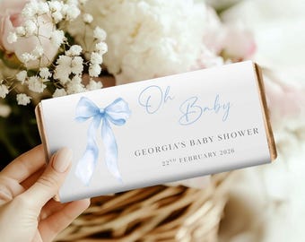 Baby Shower Personalised Favour, Baby Shower Favour, Personalised Chocolate Wrapper, Baby Shower Chocolate Wrapper, Blue Bow, Oh Baby