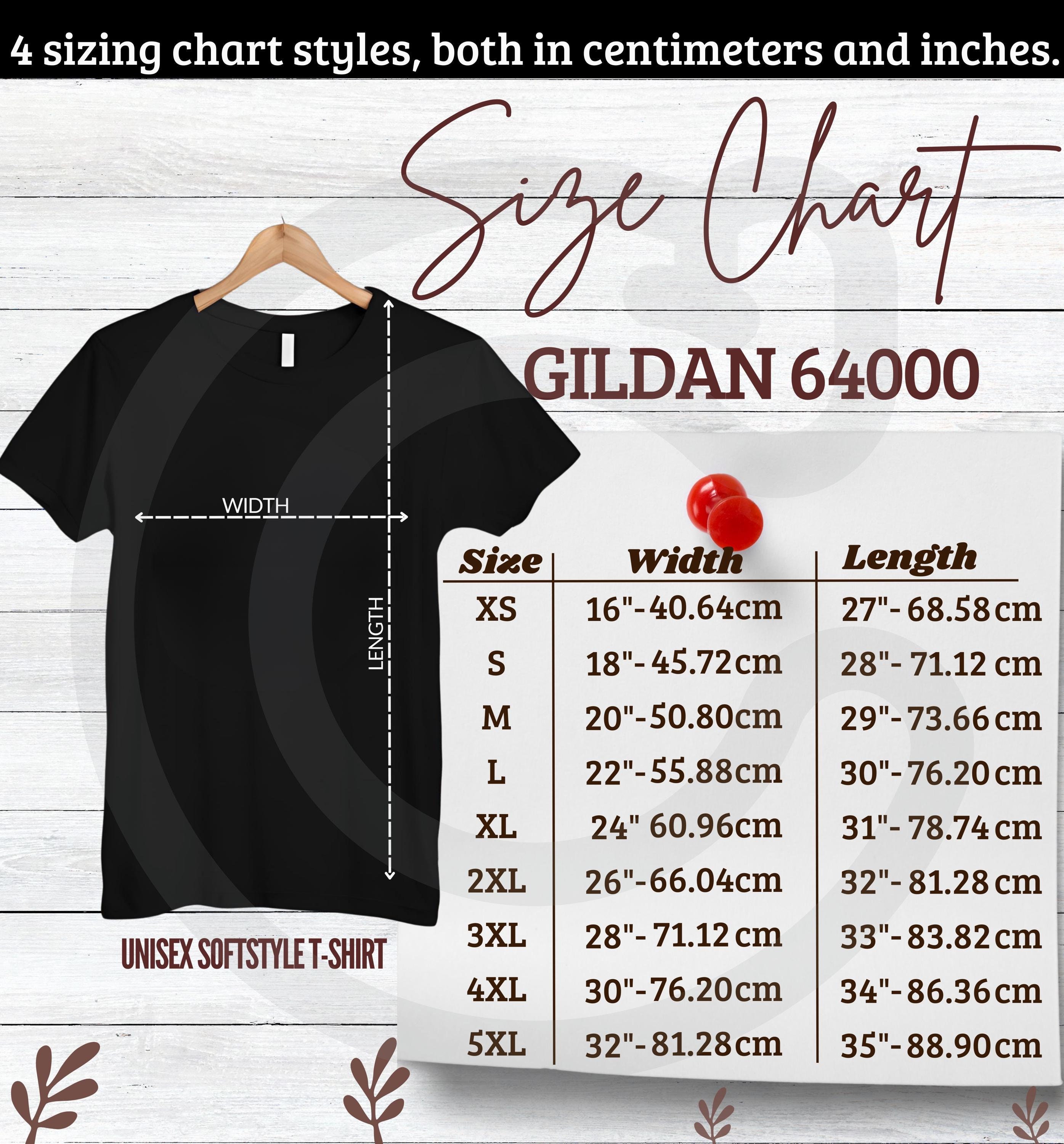 Unisex Softstyle T-Shirt size chart, Gildan 64000 Size Chart, Printable Gildan Size Guide, T-Shirt Size Chart Inches and CM, 4 size charts.