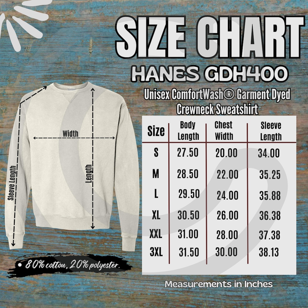 Hanes GDH400 Size Chart, Crewneck Sweatshirt Size Guide, Comfortwash
