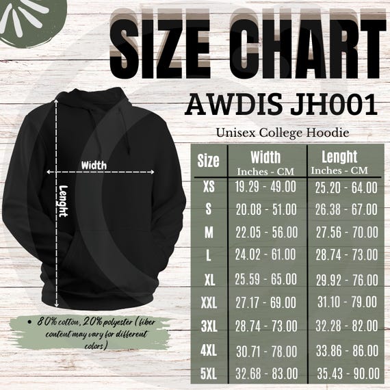 AWDIS JH001 Size Chart, Unisex Hoodie Sizing Guide, College Hoodie