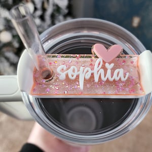 Pink Heart Iridescent Stainless Steel Water Bottle Tumbler Name Plate | Rose Gold Flake Glitter Name Plate | Stanley Name Topper | Heart Top